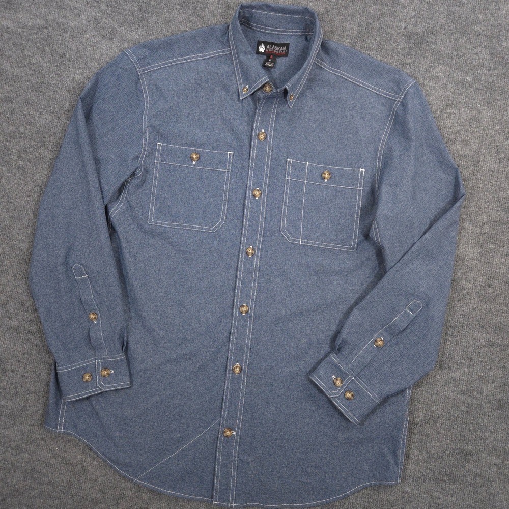 Duluth Trading AKHG‎ Bush Pilot Shirt L Blue Performance Outdoor Hiking Workwear